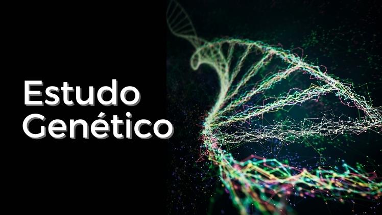 Ilustração de DNA colorido em fundo preto com texto "Estudo Genético"