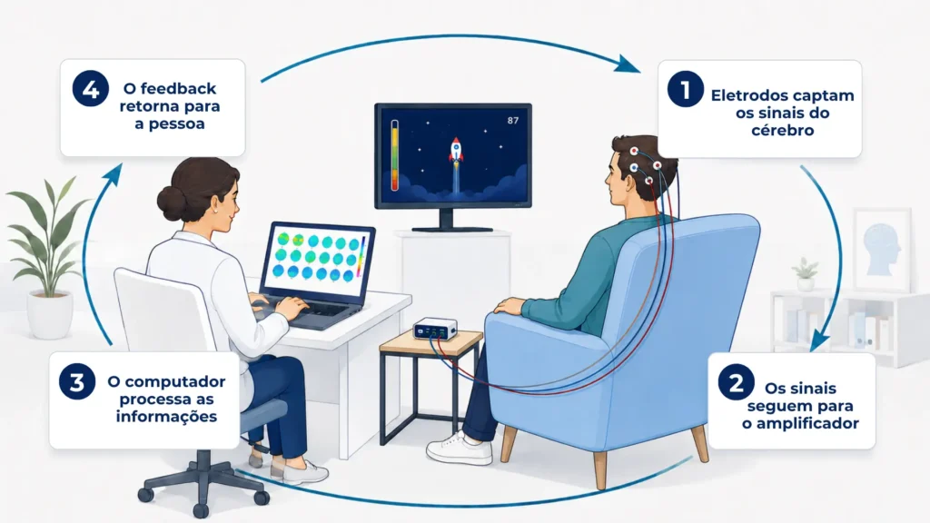 Como funciona o neurofeedback: eletrodos captam os sinais cerebrais, enviados ao amplificador e ao computador para gerar feedback em tempo real.
