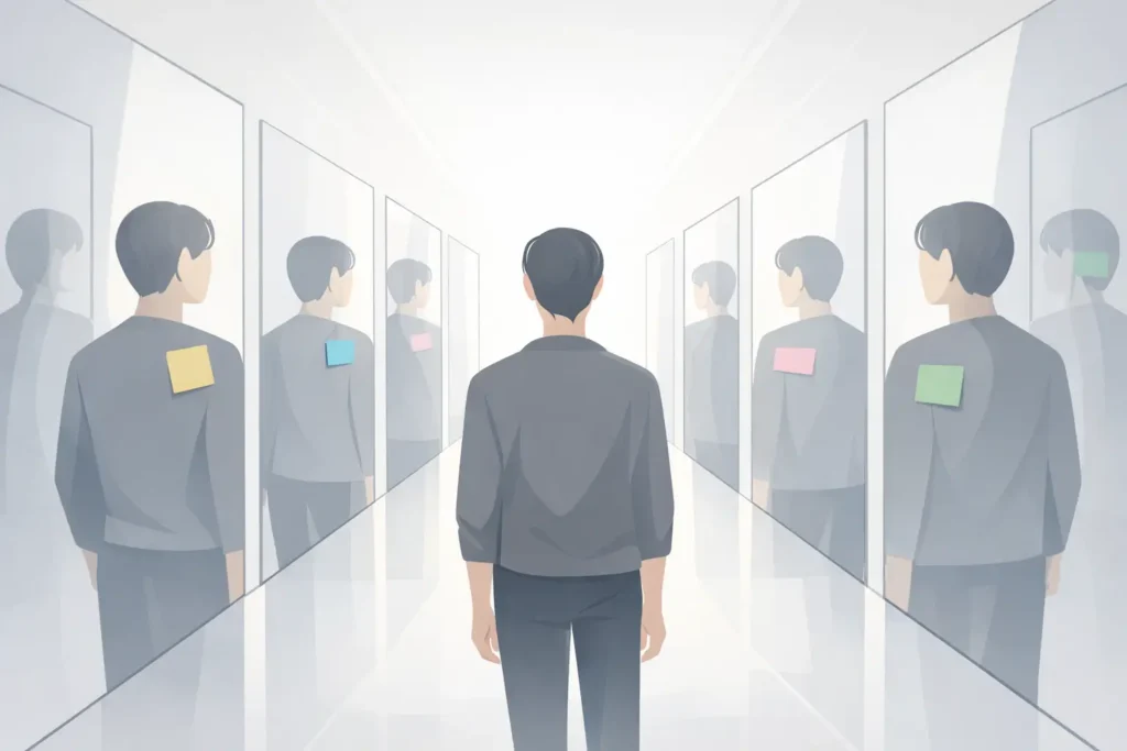 Pessoa em um corredor de espelhos com etiquetas coloridas nos reflexos, simbolizando rótulos e diagnósticos na saúde mental.