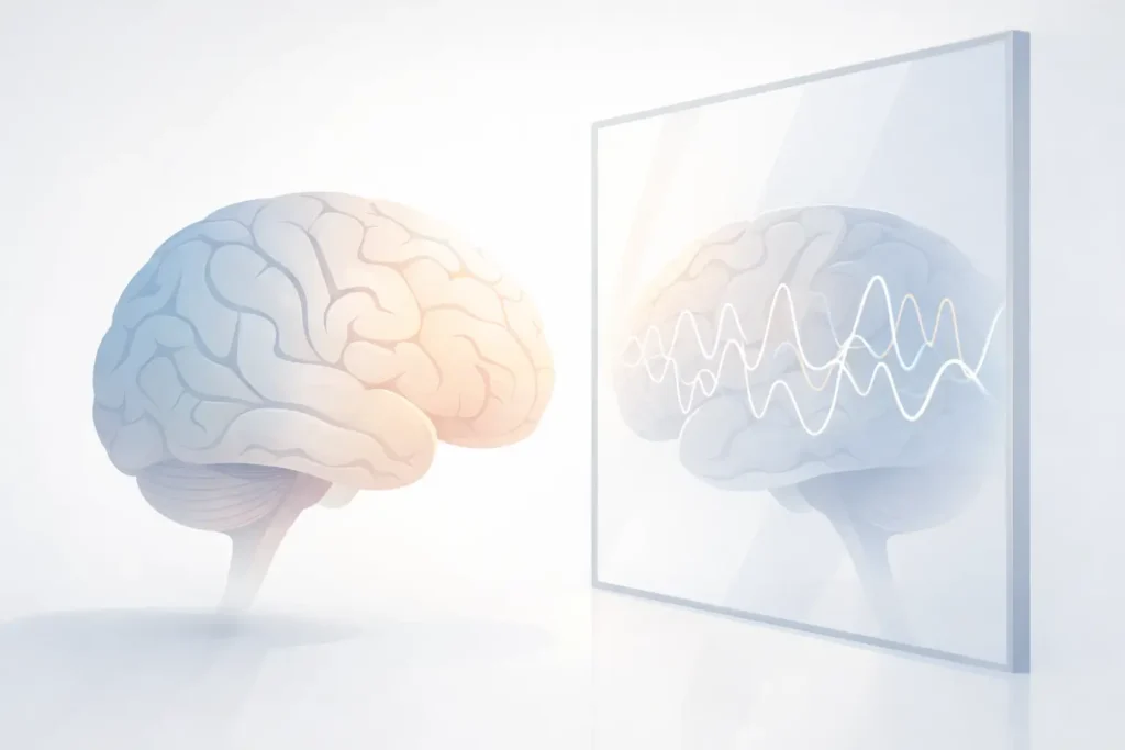 Cérebro diante de um espelho com ondas suaves refletidas, simbolizando o Espelho Biológico e a autorregulação no neurofeedback.