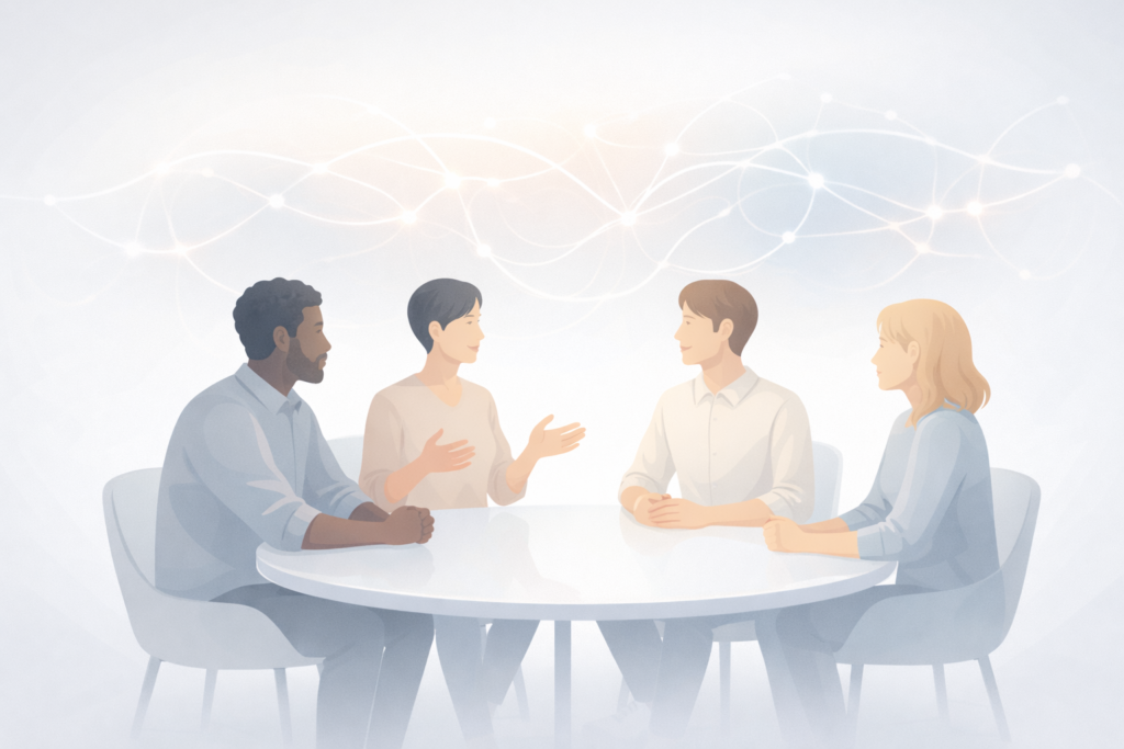Quatro pessoas conversando em volta de uma mesa, com conexões luminosas ao fundo, simbolizando segurança psicológica, colaboração e inovação.